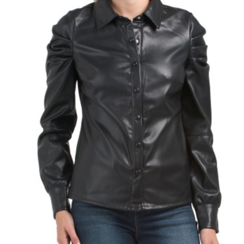 7 for all mankind Faux leather puff sleeve top NWT! Size S, black